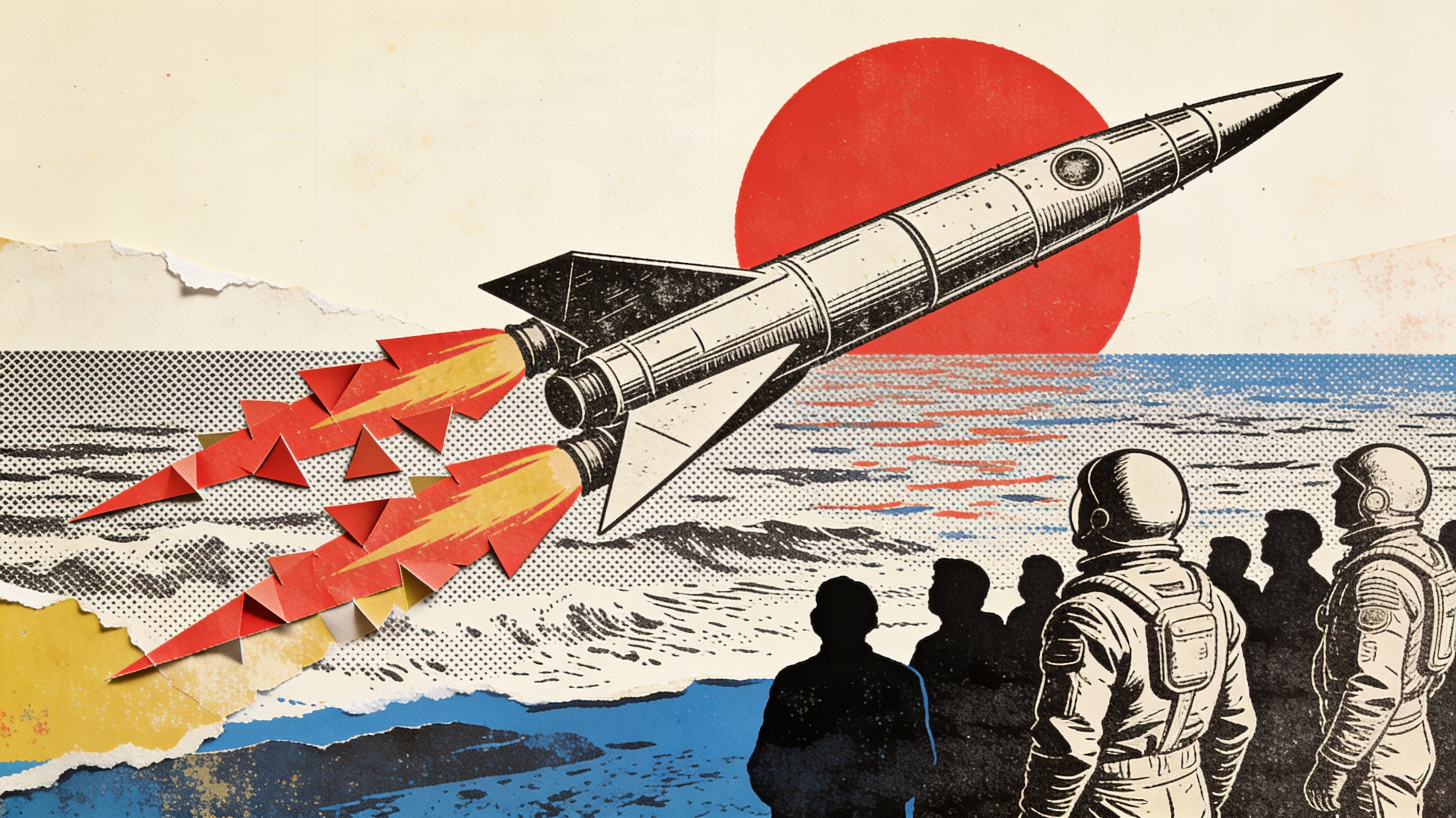 Collage of an engraved rocket on cut-paper flames over a halftone sea, silhouettes watching from shore