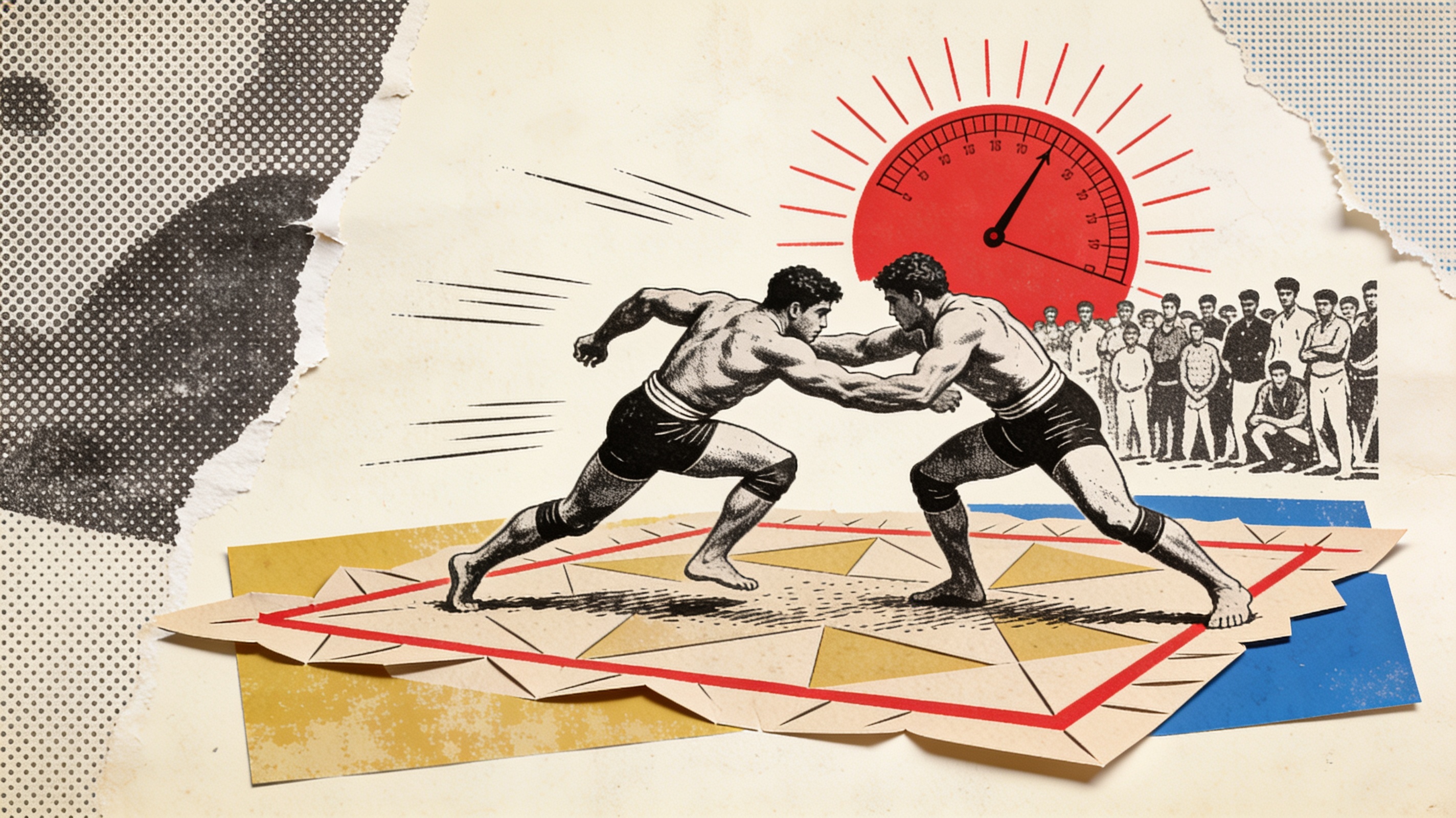 Collage of engraved wrestlers mid-raid on a geometric mat before a red sun-dial and halftone crowd
