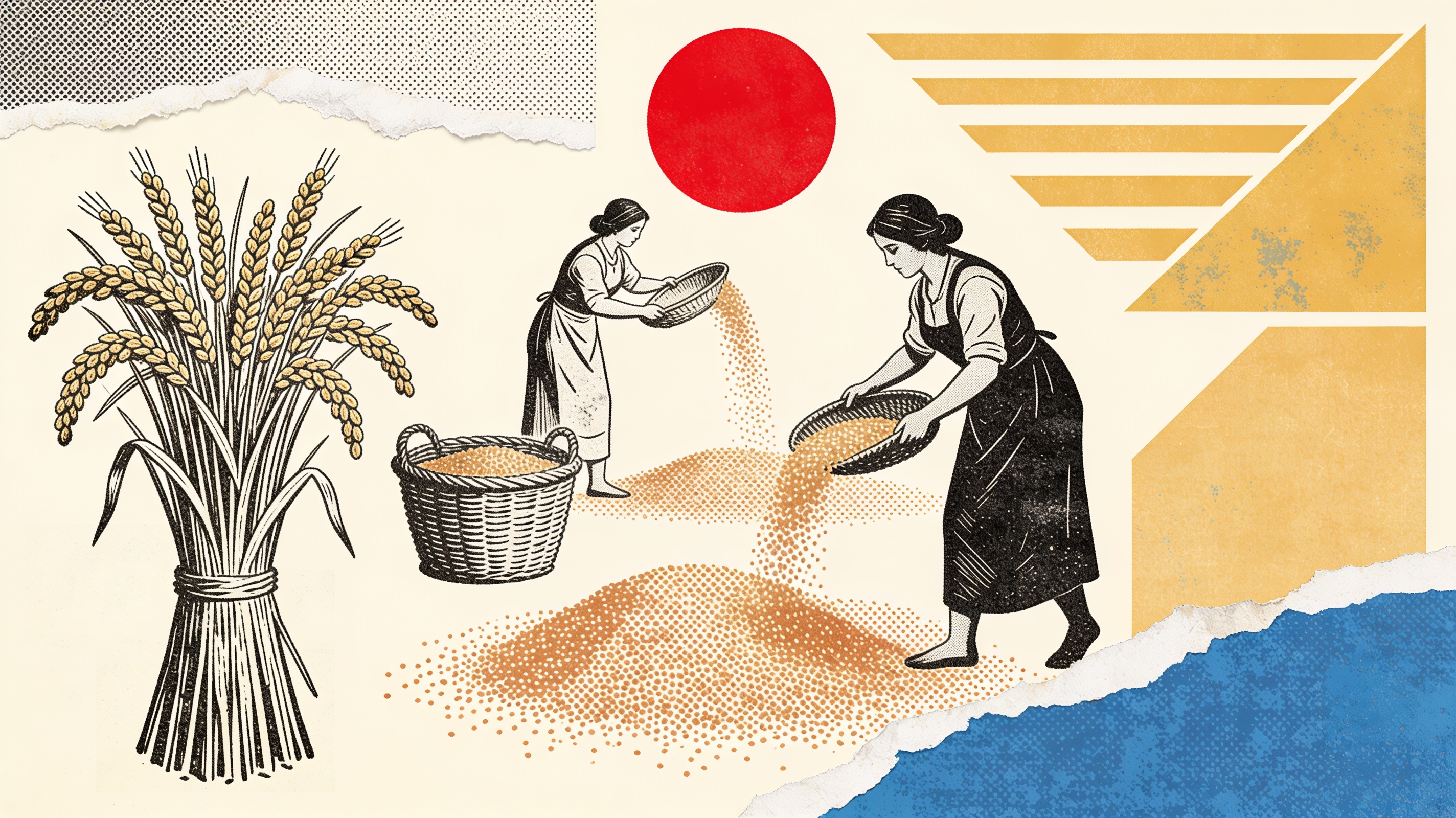 Collage of engraved millet sheaves and winnowing women with ochre grain dots under a red sun