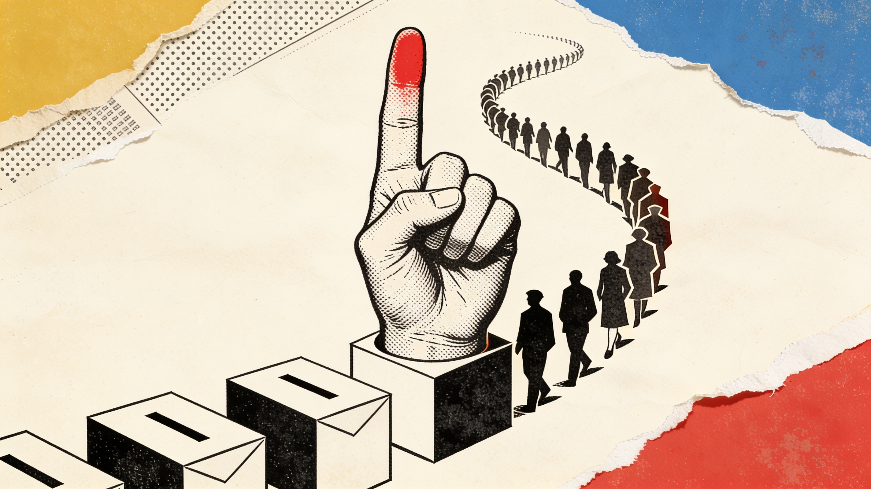 Collage of an engraved inked finger as a monument circled by a spiral queue of paper voters