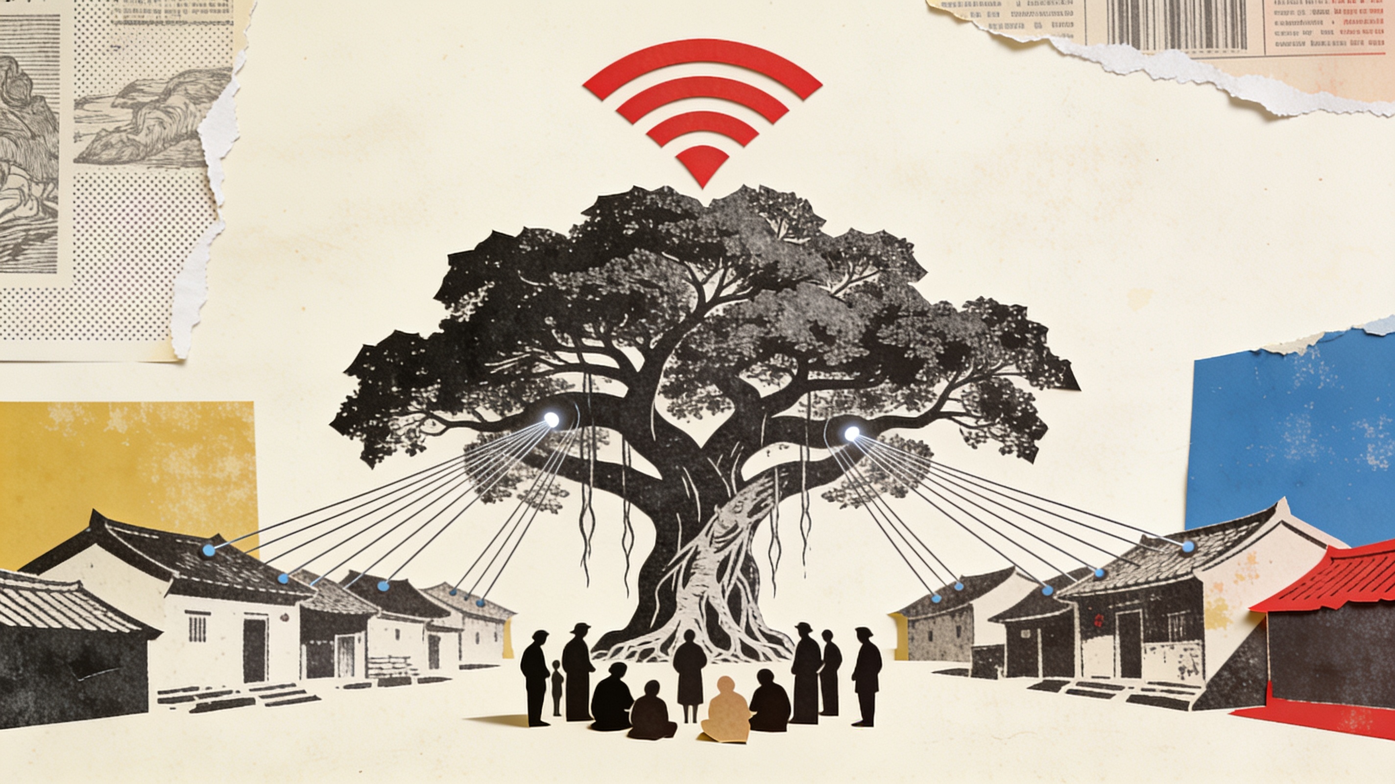 Collage of an engraved banyan tree wired with paper fibre lines to rooftops under red wifi arcs