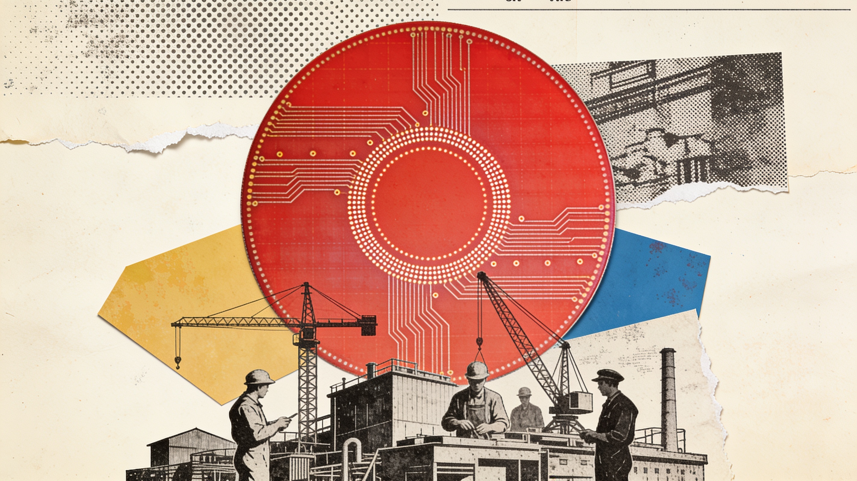 Collage of a silicon wafer as a vermilion sun over engraved factory workers and cut-paper cranes