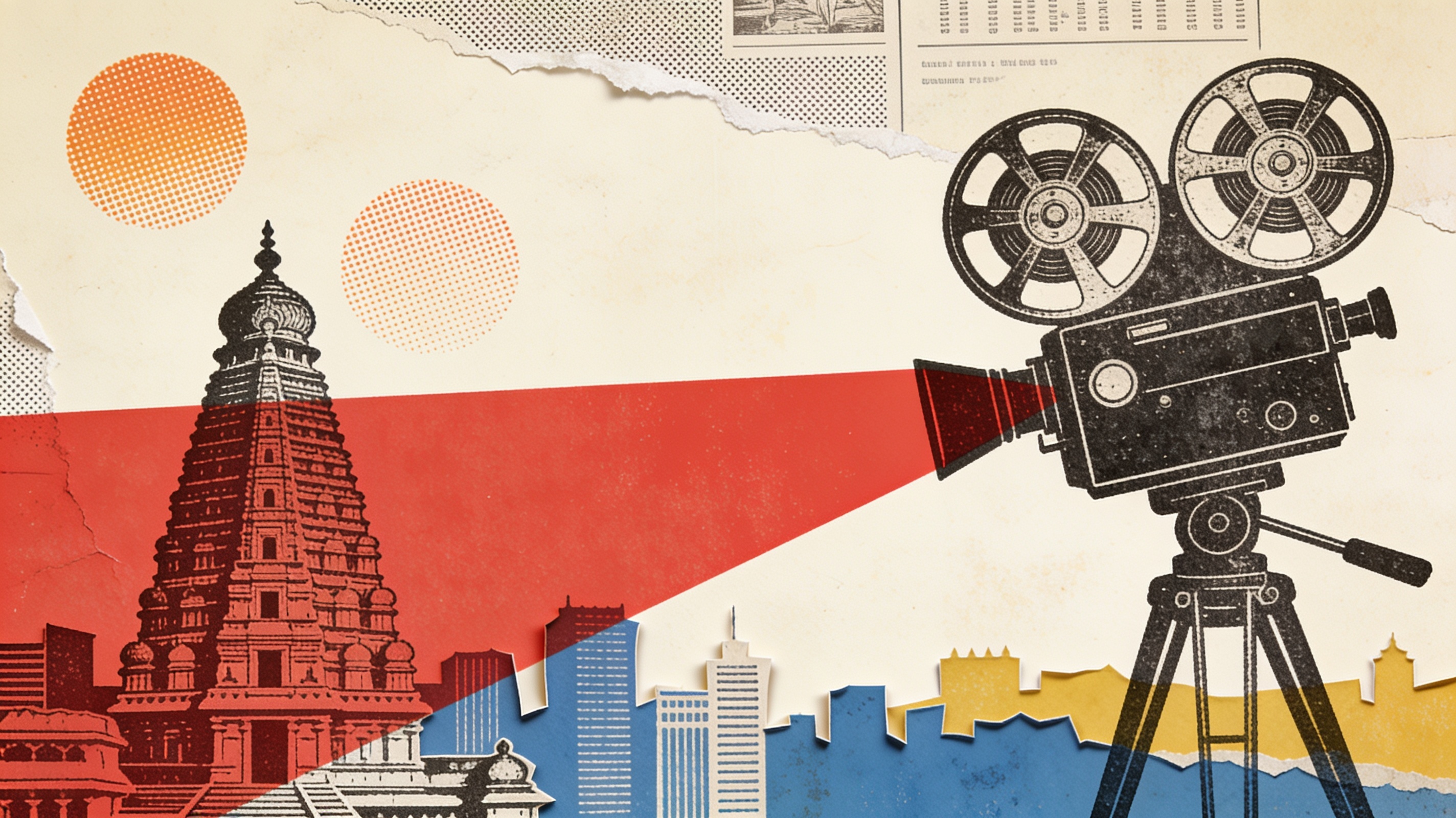 Collage of an engraved projector beaming red light across a cut-paper skyline with a temple tower