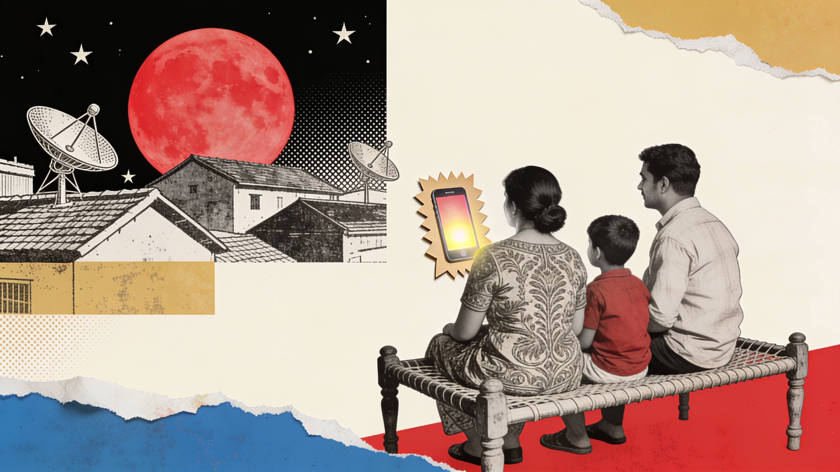 Collage of an engraved family on a charpai lit by a paper phone screen under a vermilion moon
