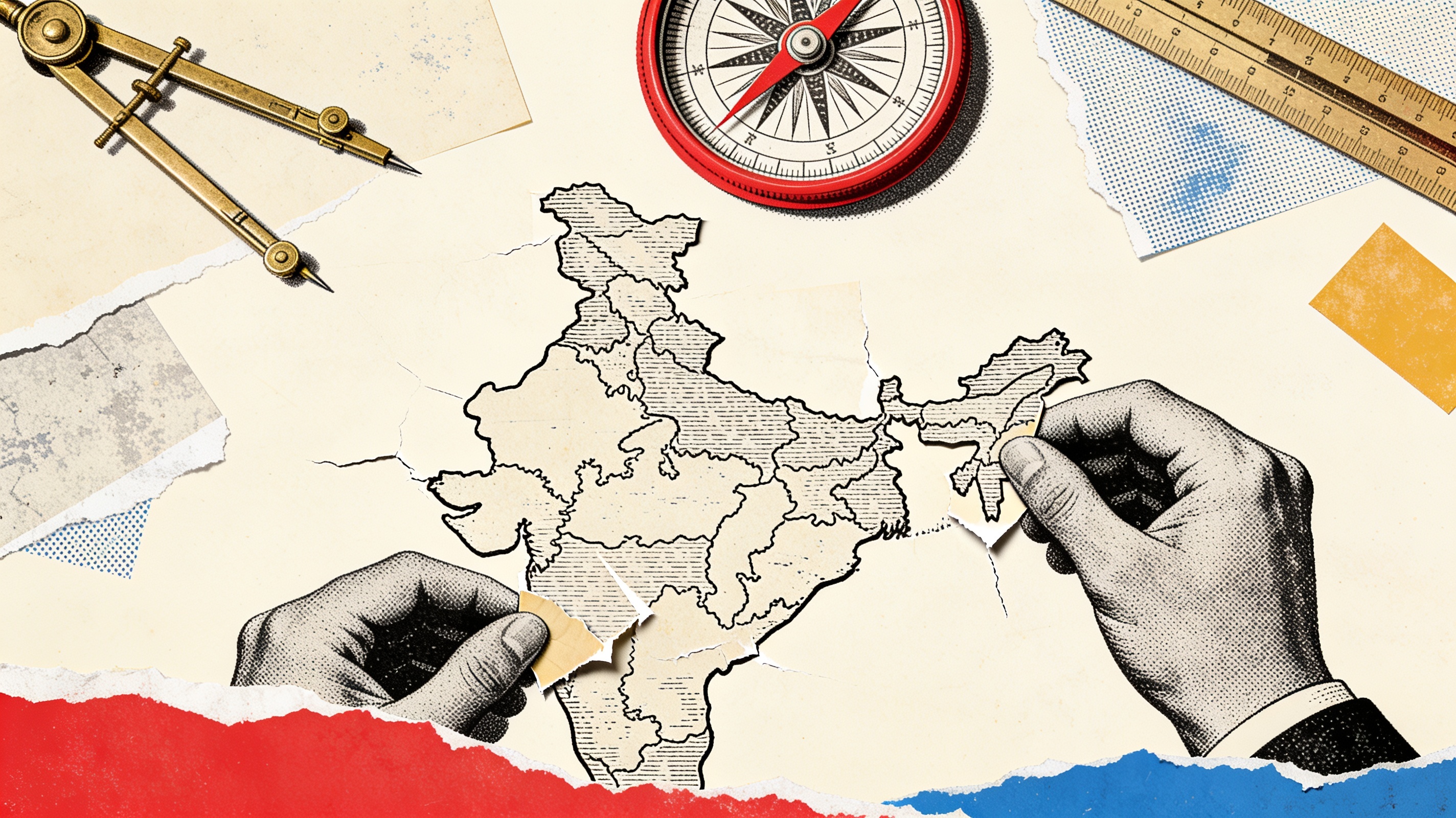 Collage of an engraved India map in torn-paper pieces being rearranged under a red drafting compass