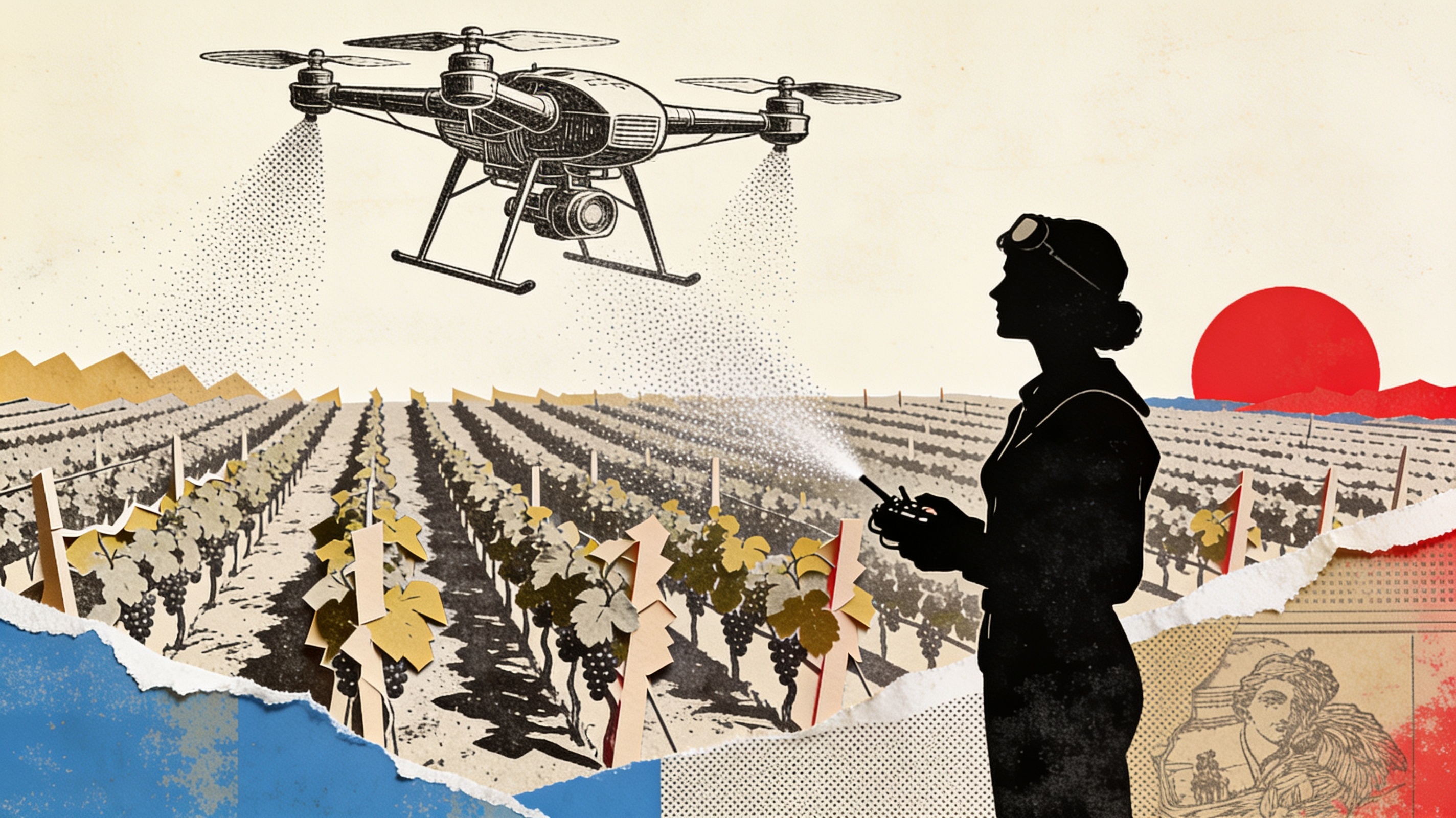 Collage of an engraved farm drone over cut-paper vineyards, a woman pilot silhouette at the edge