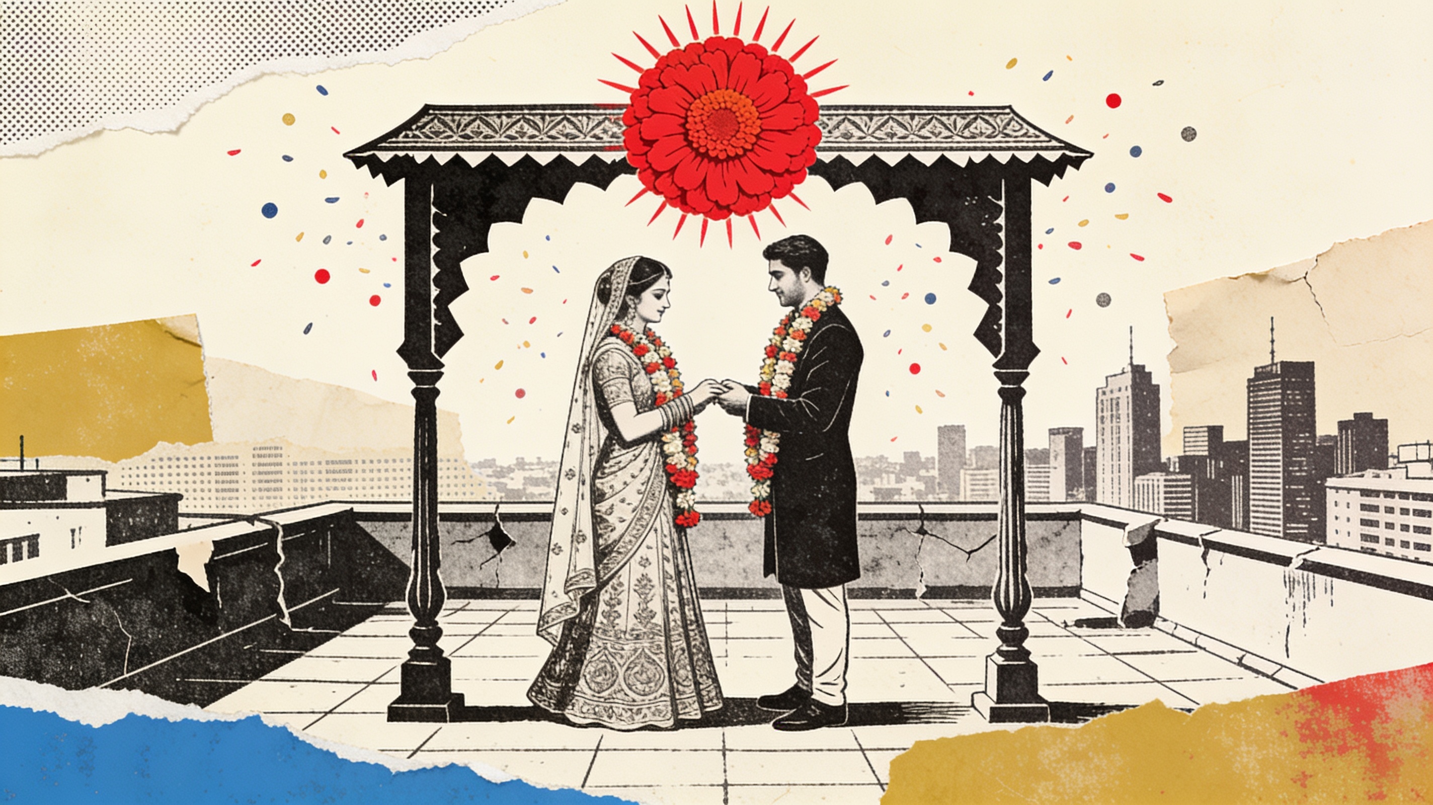 Collage of an engraved couple exchanging garlands under a cut-paper mandap and a marigold sun