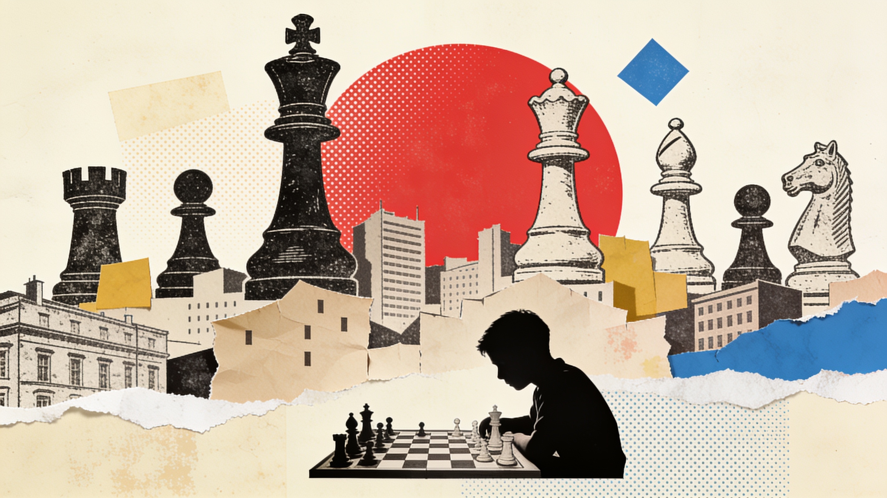 Collage of engraved chess pieces towering over a cut-paper city as a young player studies the board
