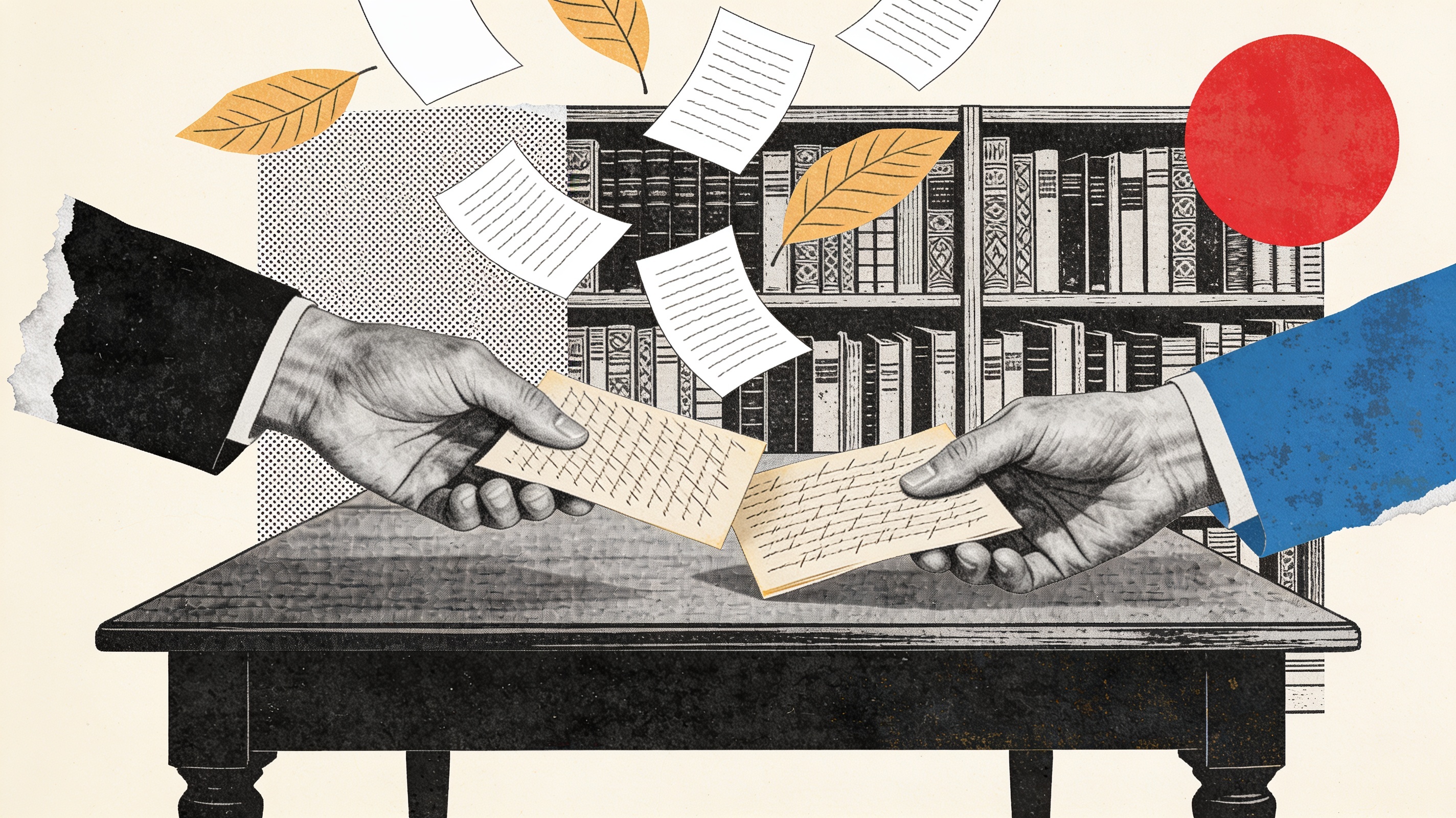 Collage of engraved hands passing palm-leaf manuscripts as paper script fragments float upward