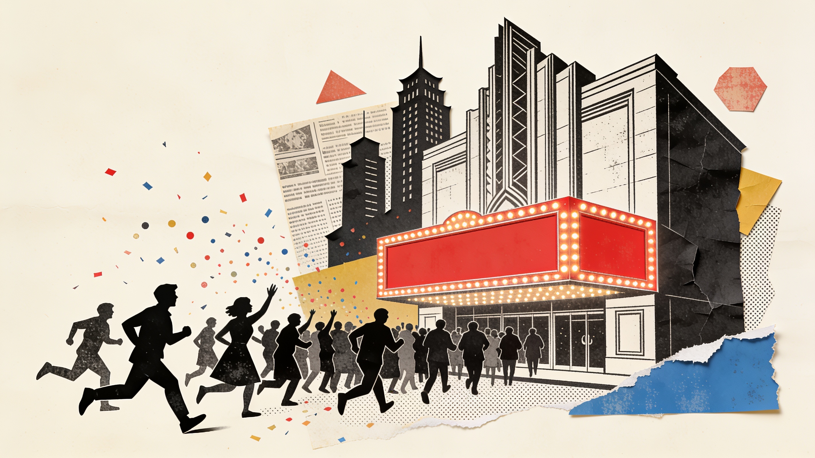 Collage of an engraved art-deco cinema with a vermilion marquee, paper crowd and halftone confetti